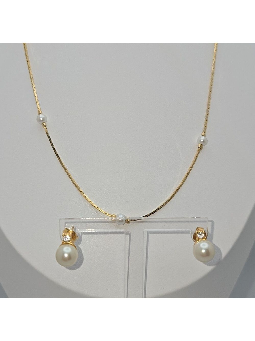 Faux Pearl Gold Set Earrings Studs and Chain 17''